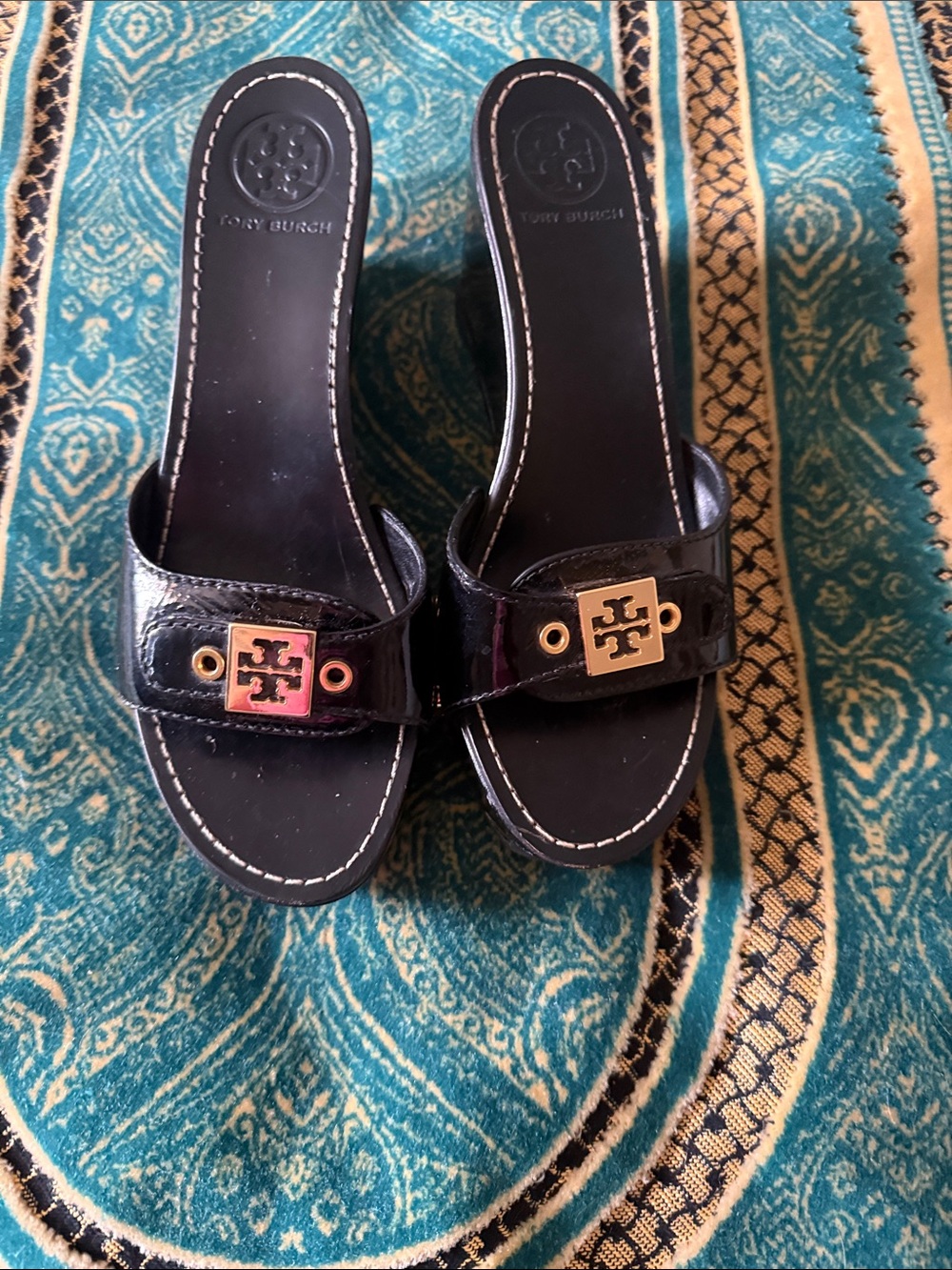 Tory Burch Rosie Black Patent Wedge Sandals